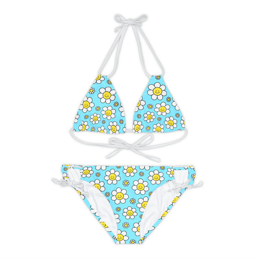 Y2K Pastel Blue Daisy Retro Strappy Bikini Set