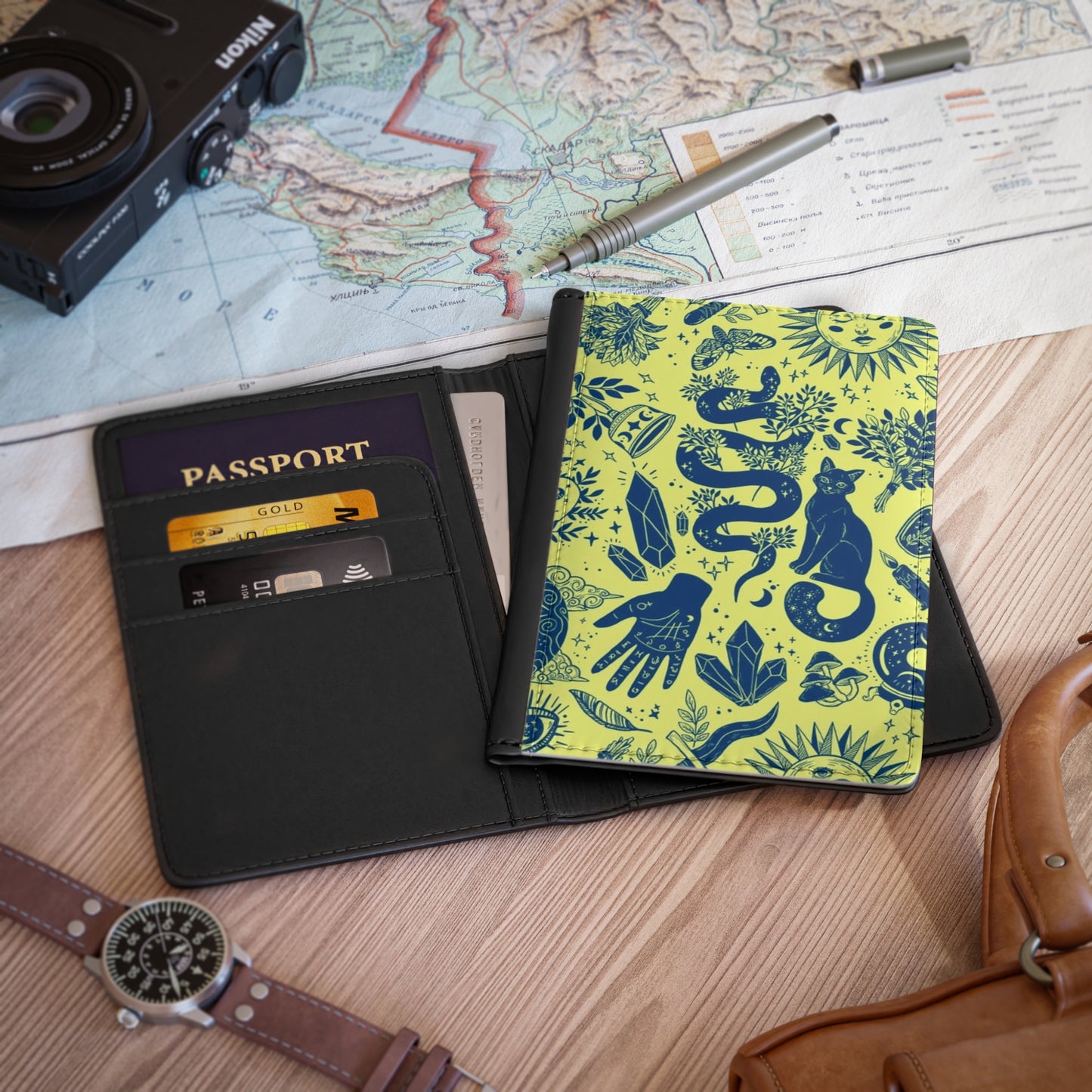 Occult Pattern Neon Yellow Blue Passport Cover