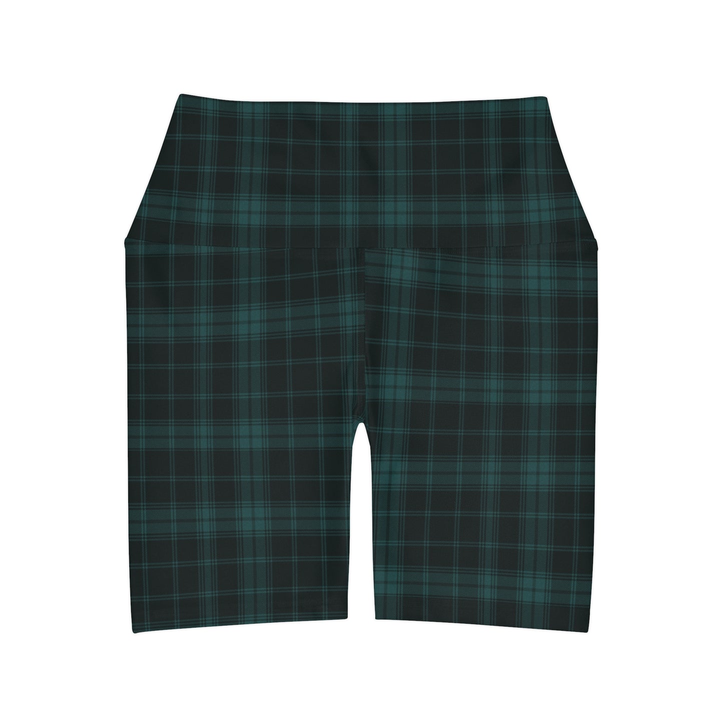 Dark Teal Blue Plaid High Waisted Yoga Biker Shorts