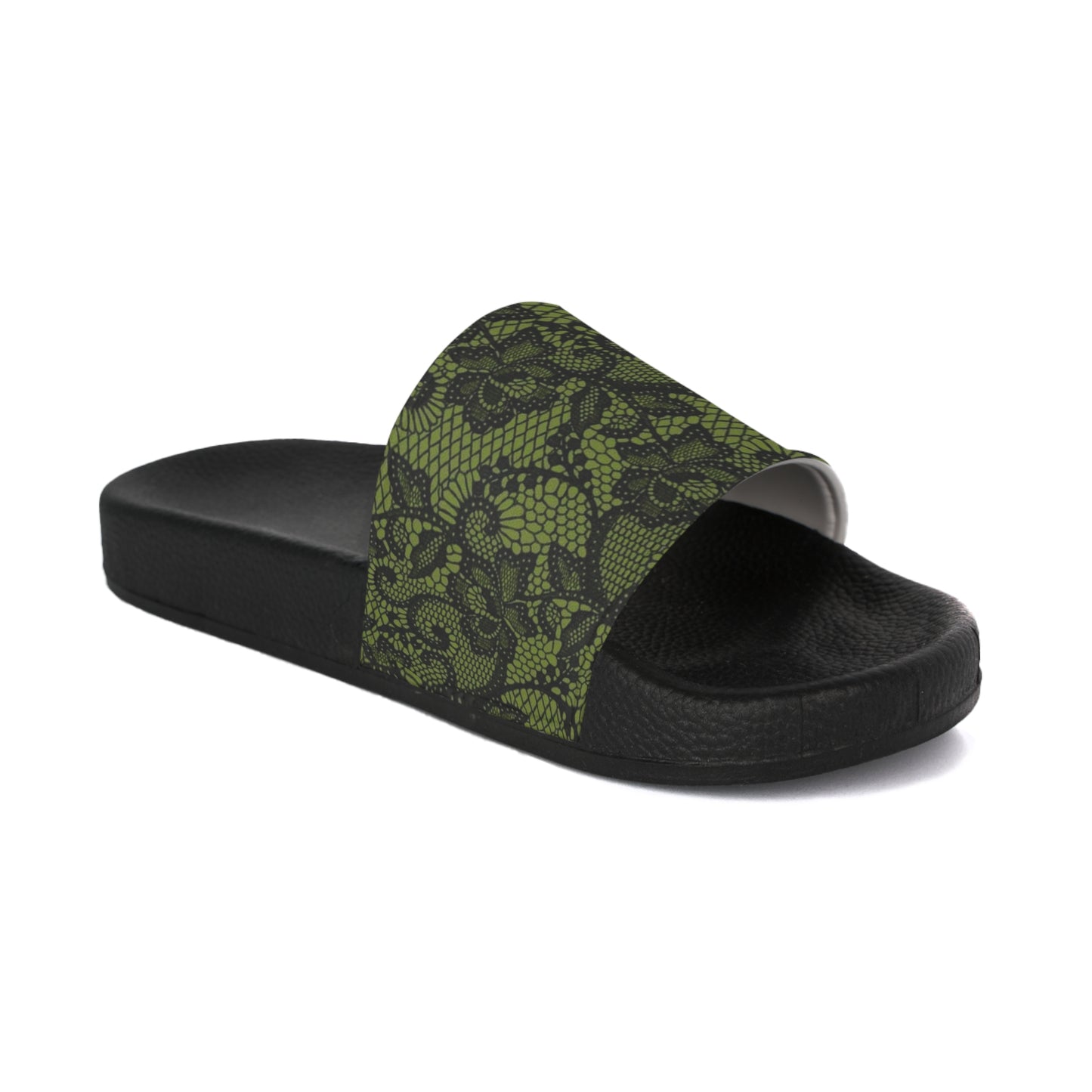 Women's Moody Green Black Floral Black Slide Sandals