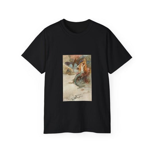 Vintage Fairytale Art Mermaid Unisex Ultra Cotton Black T-Shirt | Book of Fairy Poetry 1920 Look like a fountain of gold art print by Warwick Goble