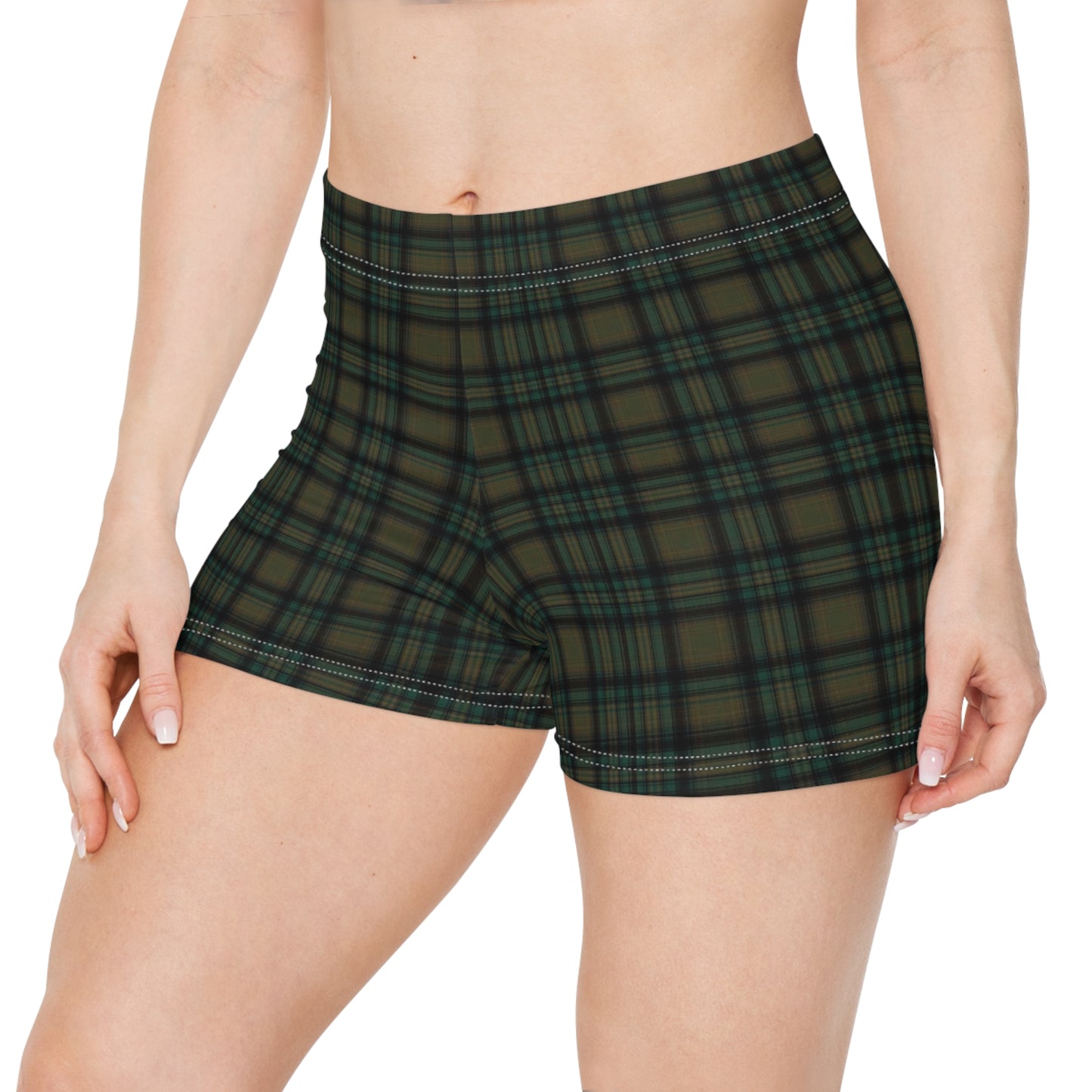 Women's Dark Green Black Plaid Active Shorts