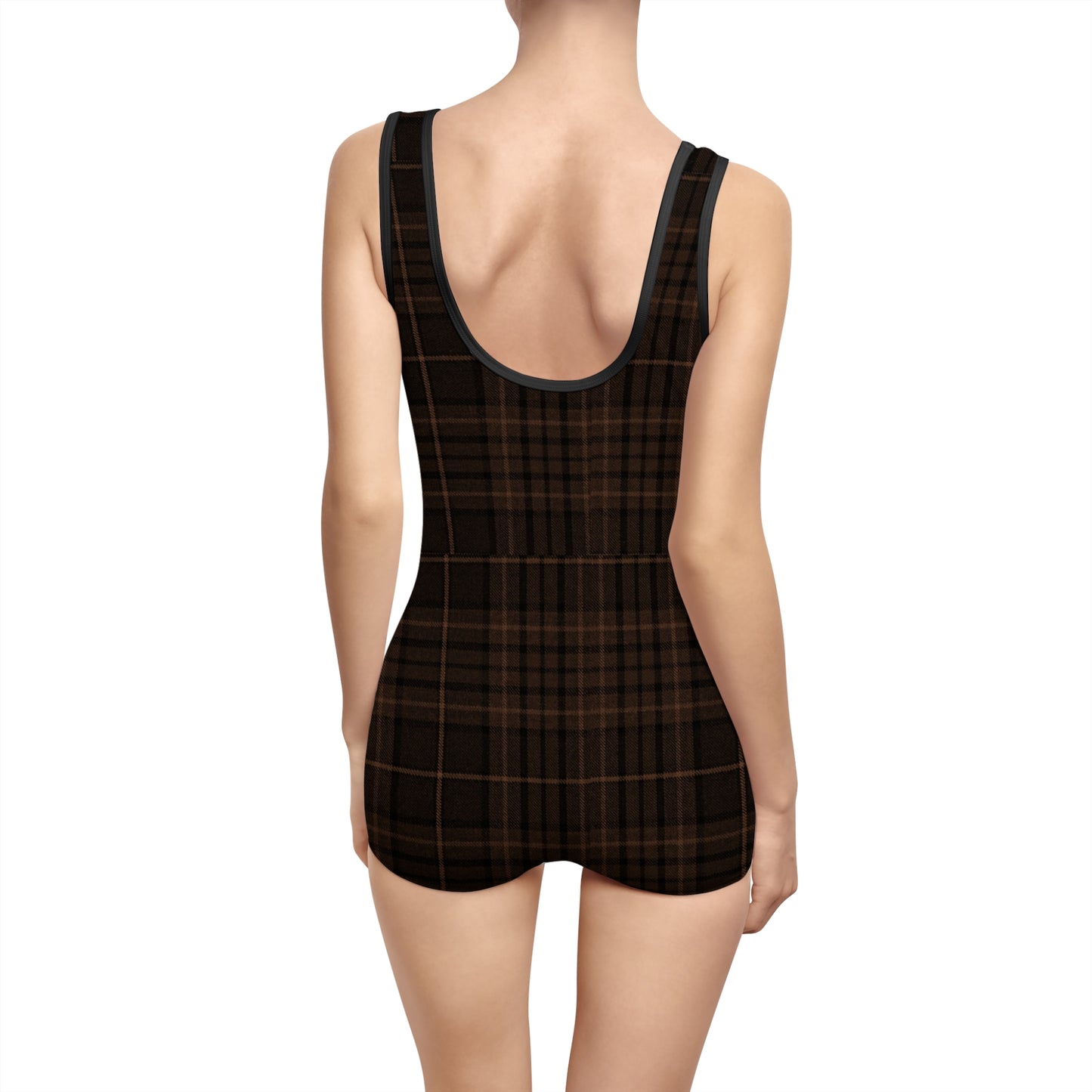 Brown Plaid Vintage Style One Piece Swimsuit