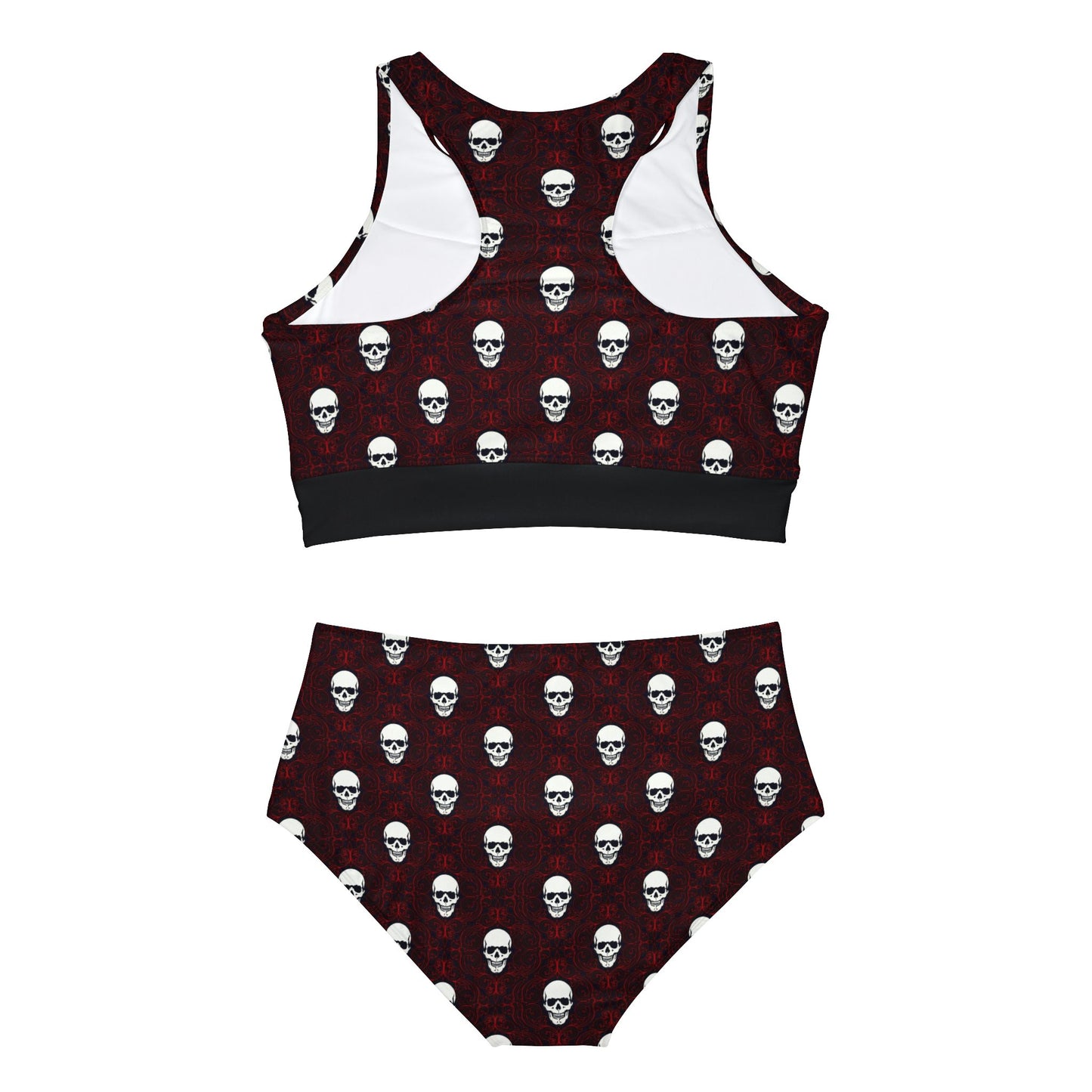 Sporty Red and Black Skull Pattern Sporty Bikini Set