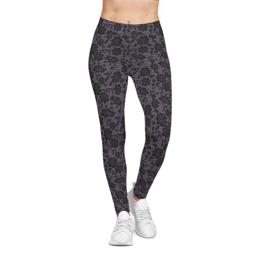 Light Purple Black Floral Women's Casual Leggings