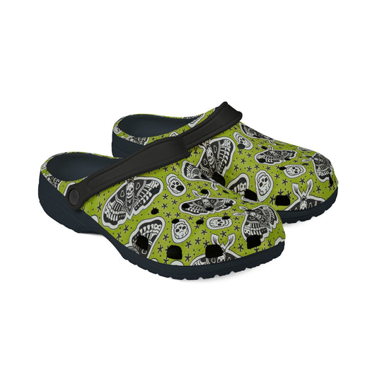 Moth Skull Lime Green Clog-Style Foam Rubber Shoes