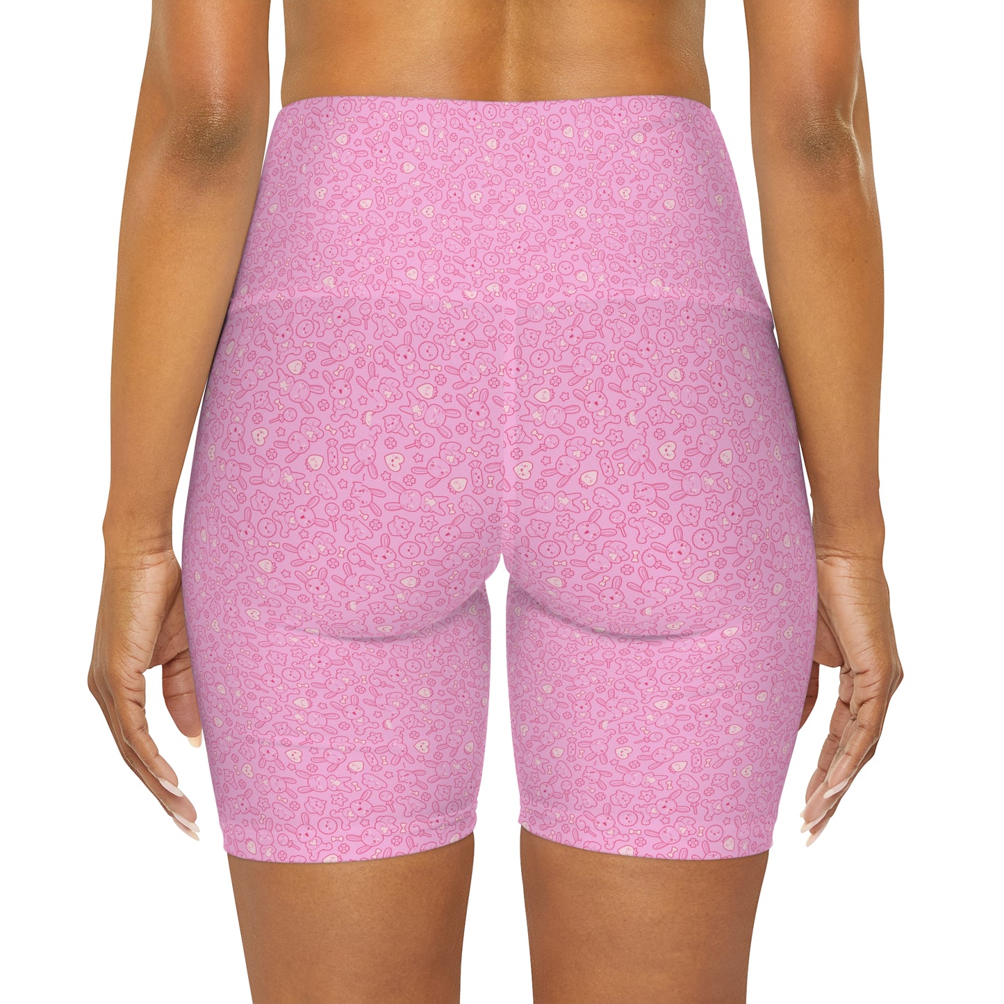 Pastel Pink Bunnies Kawaii High Waisted Yoga Biker Shorts