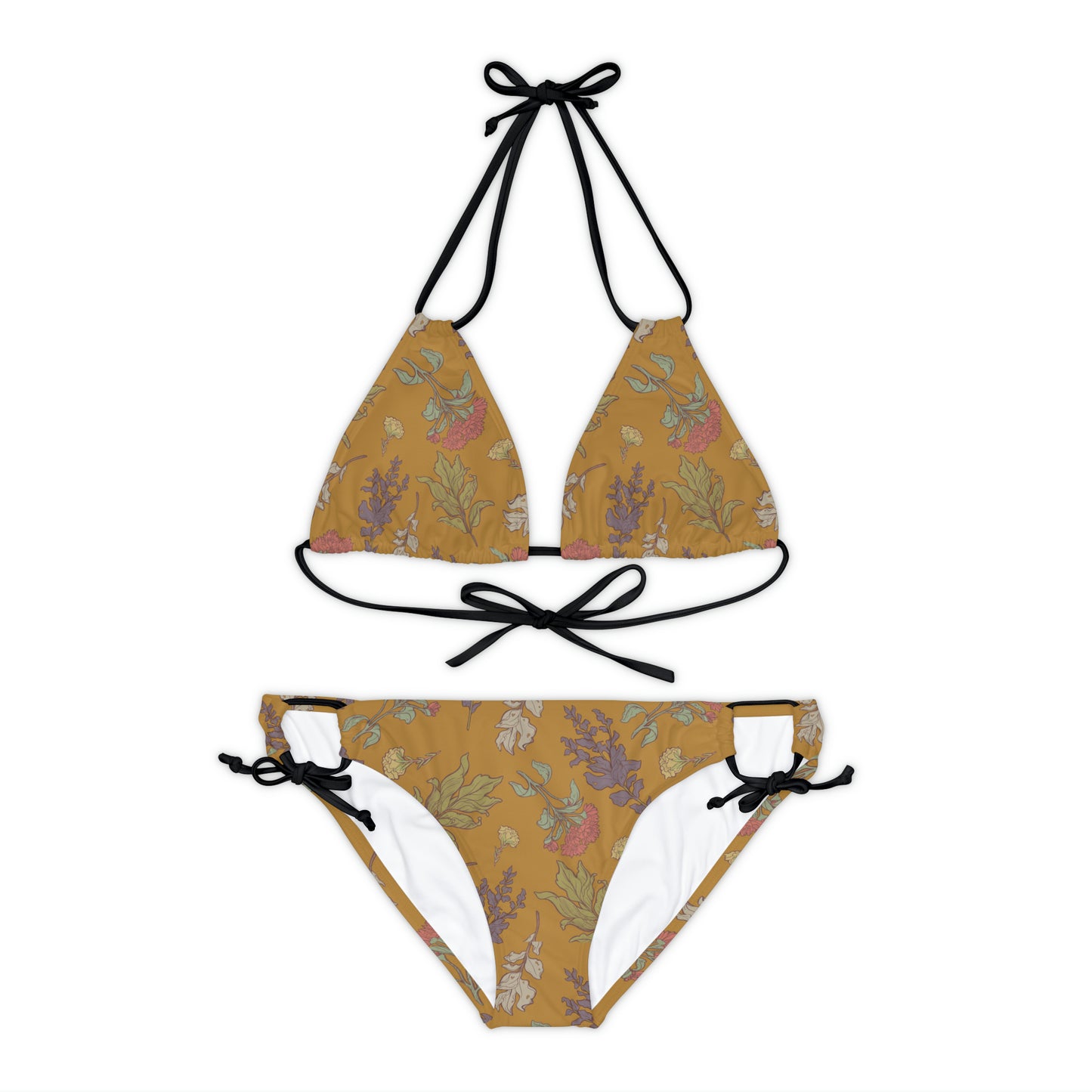 Mustard Yellow Floral Art Deco Strappy Bikini Set