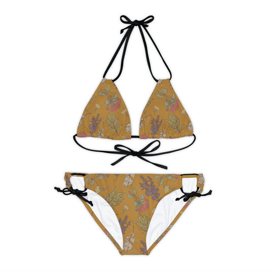 Mustard Yellow Floral Art Deco Strappy Bikini Set