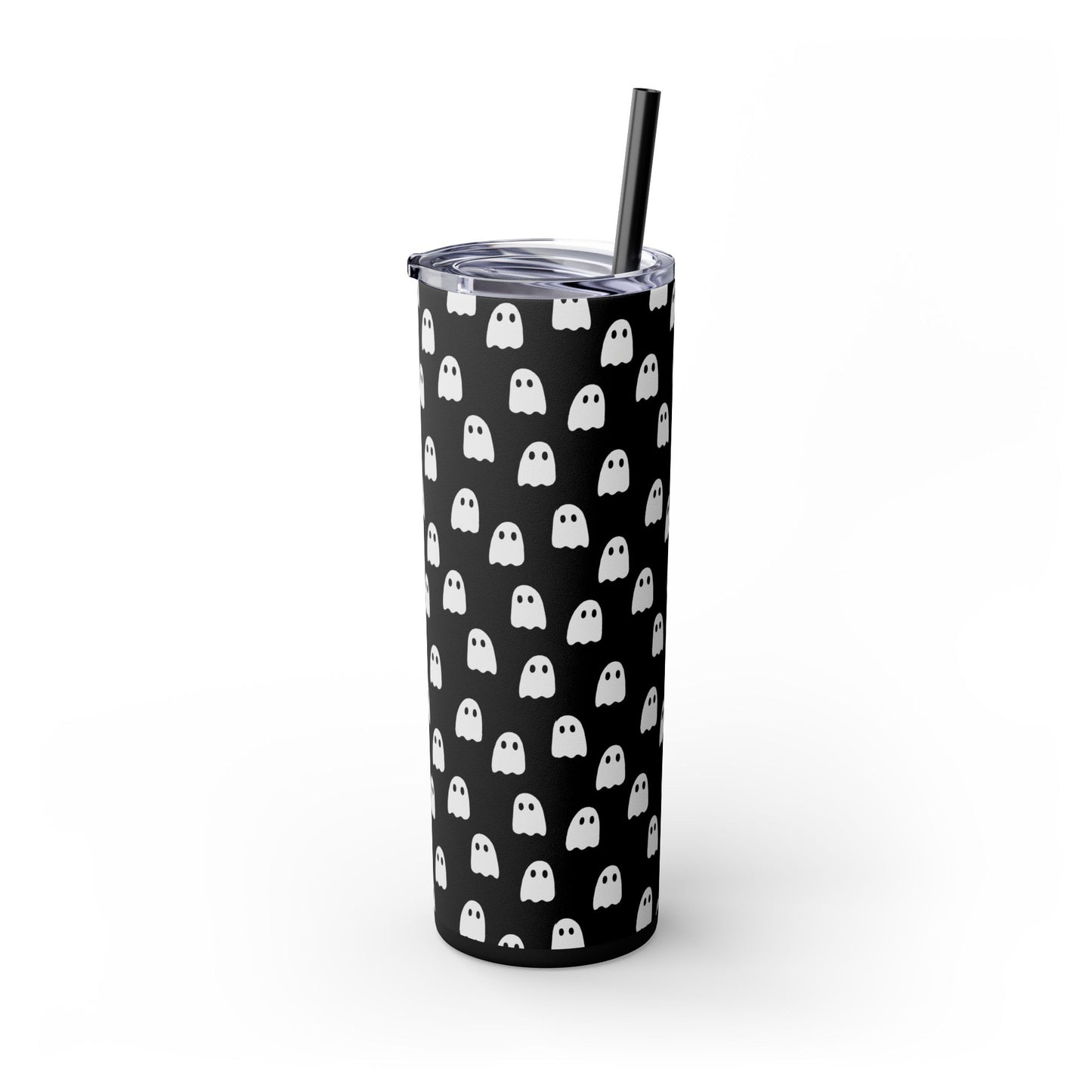 Spooky Ghosts Black Skinny Tumbler with Straw, 20oz