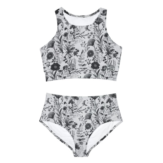 Black and White Vintage Floral Art Deco Sporty Bikini Set