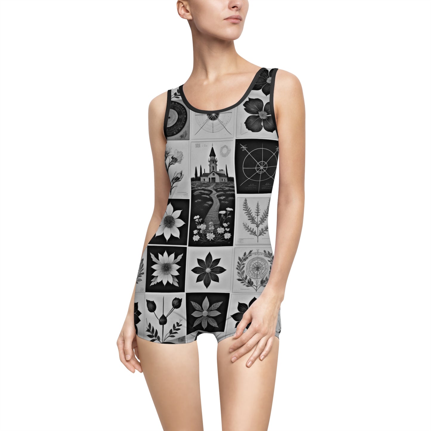 Gray Vintage Castle Art Nouveau Vintage One Piece Swimsuit