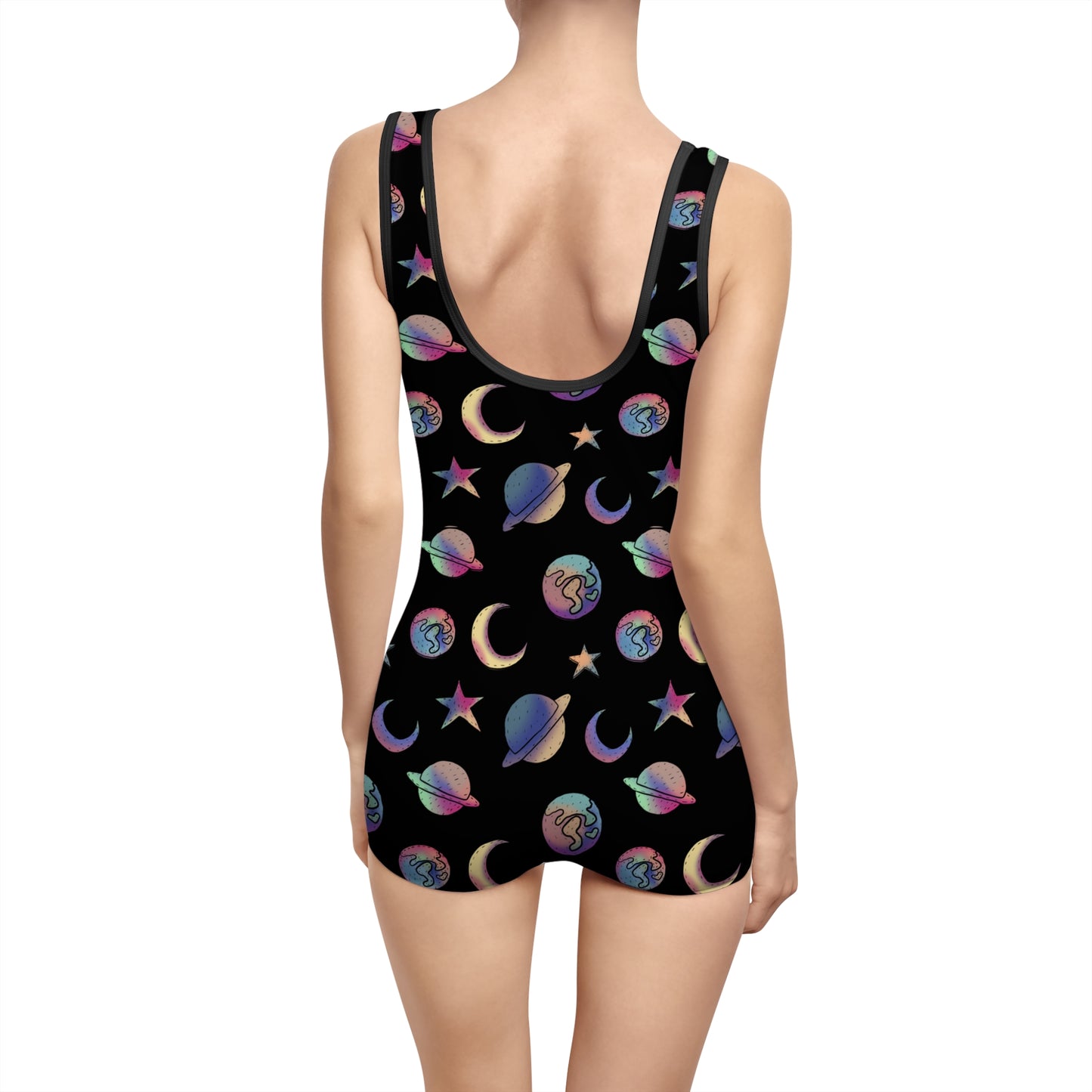 Black Colorful Space Y2K Retro One Piece Swimsuit