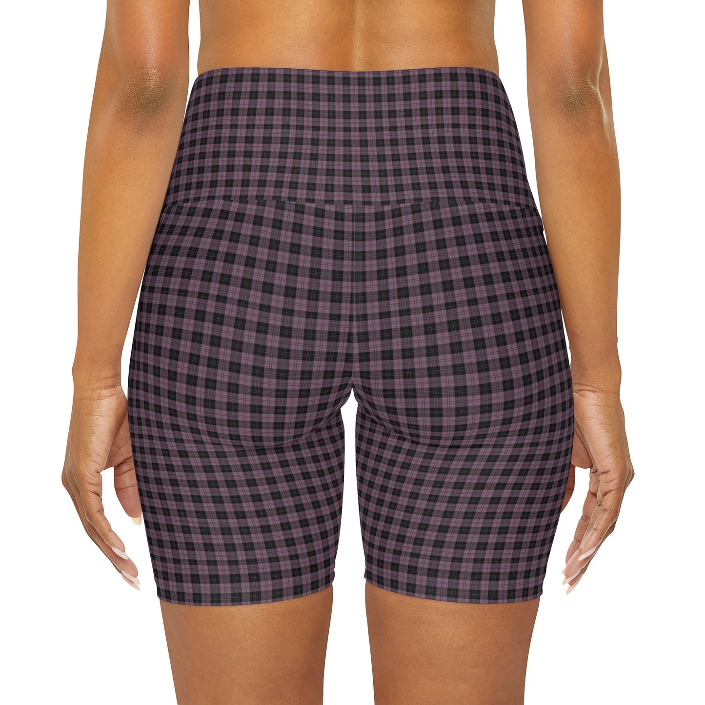 High Waisted Yoga Biker Shorts | Dark Pink Black Plaid