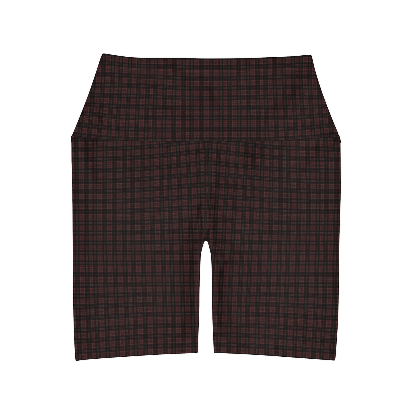 Dark  Burgundy Black Plaid High Waisted Yoga Biker Shorts