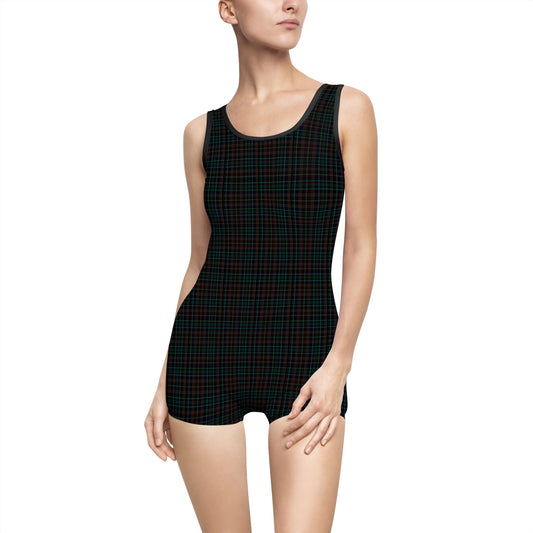 Timeless Dark Green Plaid One Piece Swimsuit with Vintage Flair