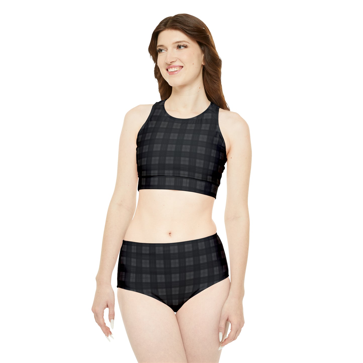 Black and Dark Gray Plaid Sporty Bikini Set