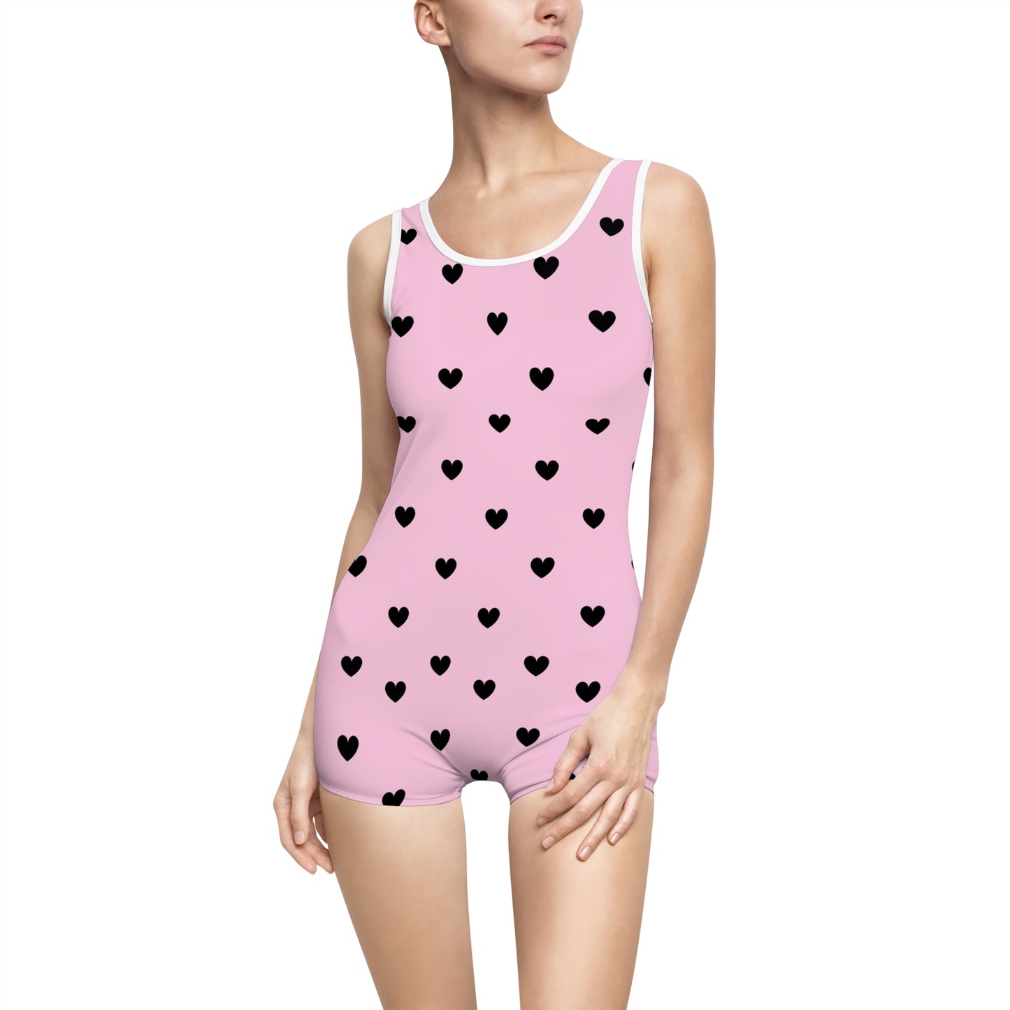 Pink Girly Black Hearts Kawaii Retro Vintage Style One Piece Swimsuit