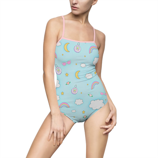 Pastel Blue Retro Pet Game Kawaii One Piece Swimsuit