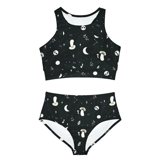 Black and White Skull Mushroom Goth Sporty Bikini Set