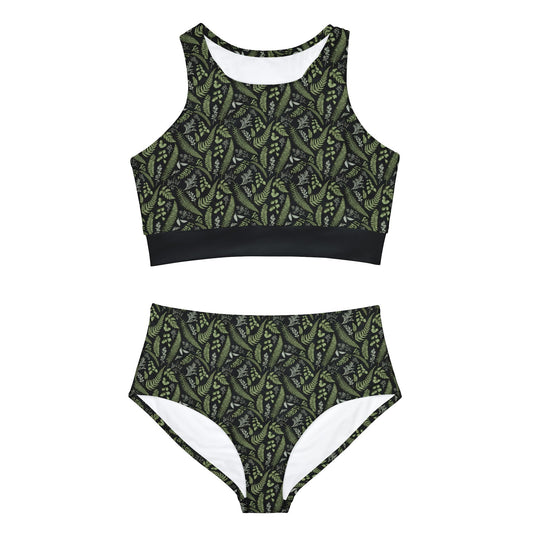 Leafy Botanical Black Sporty Bikini Set