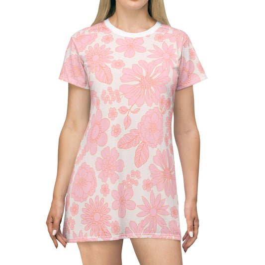 Pastel Pink Floral Retro Hippie Y2K T-Shirt Dress