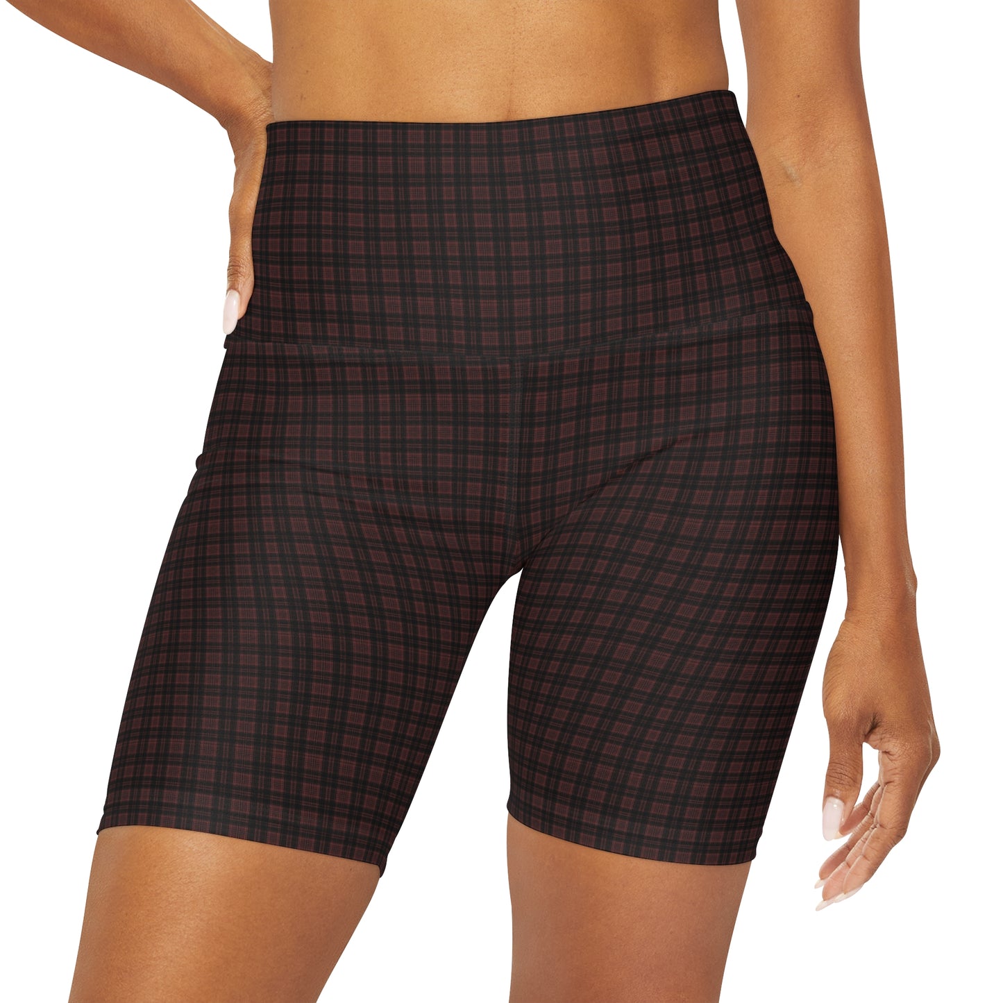 Dark  Burgundy Black Plaid High Waisted Yoga Biker Shorts