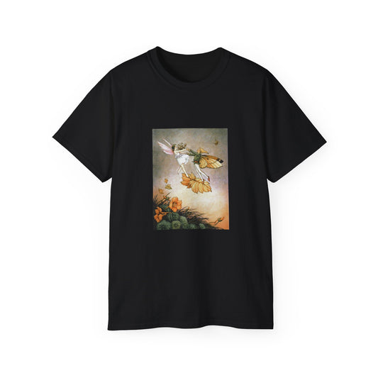 Vintage Fairytale Art Unisex Ultra Cotton Black T-Shirt | Two Fairies Dancing on a Leaf