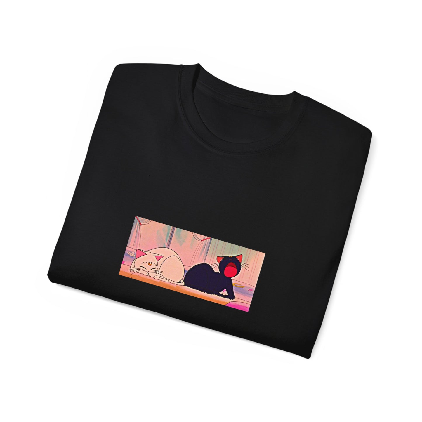 Sleepy Cats Retro Anime Unisex Ultra Cotton Black T-Shirt