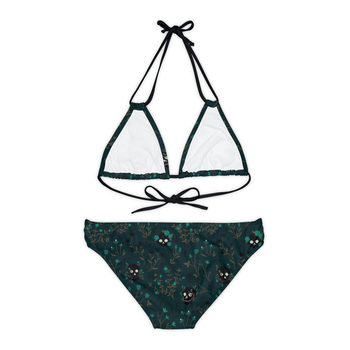 Dark Green Skull Floral Soft Goth Forrest Green Strappy Bikini Set