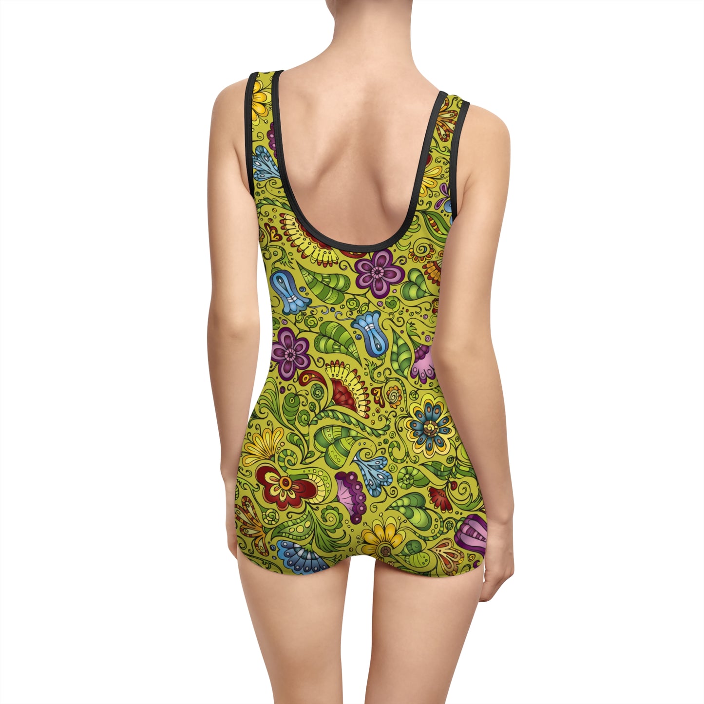 Hippie Abstract Green Floral Retro One Piece Swimsuit