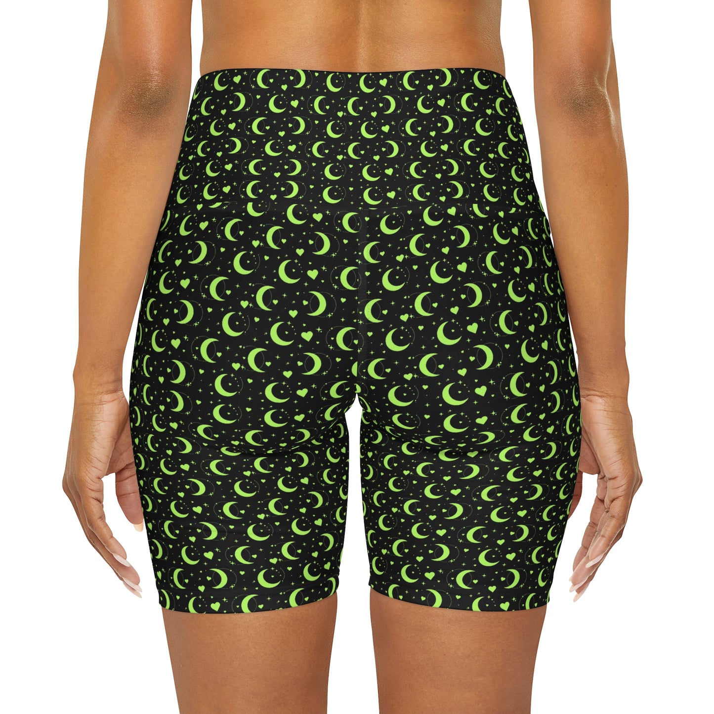 Neon Green Moons Black High Waisted Yoga Biker Shorts