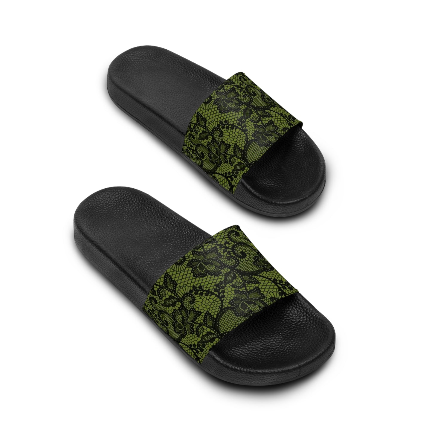 Women's Moody Green Black Floral Black Slide Sandals