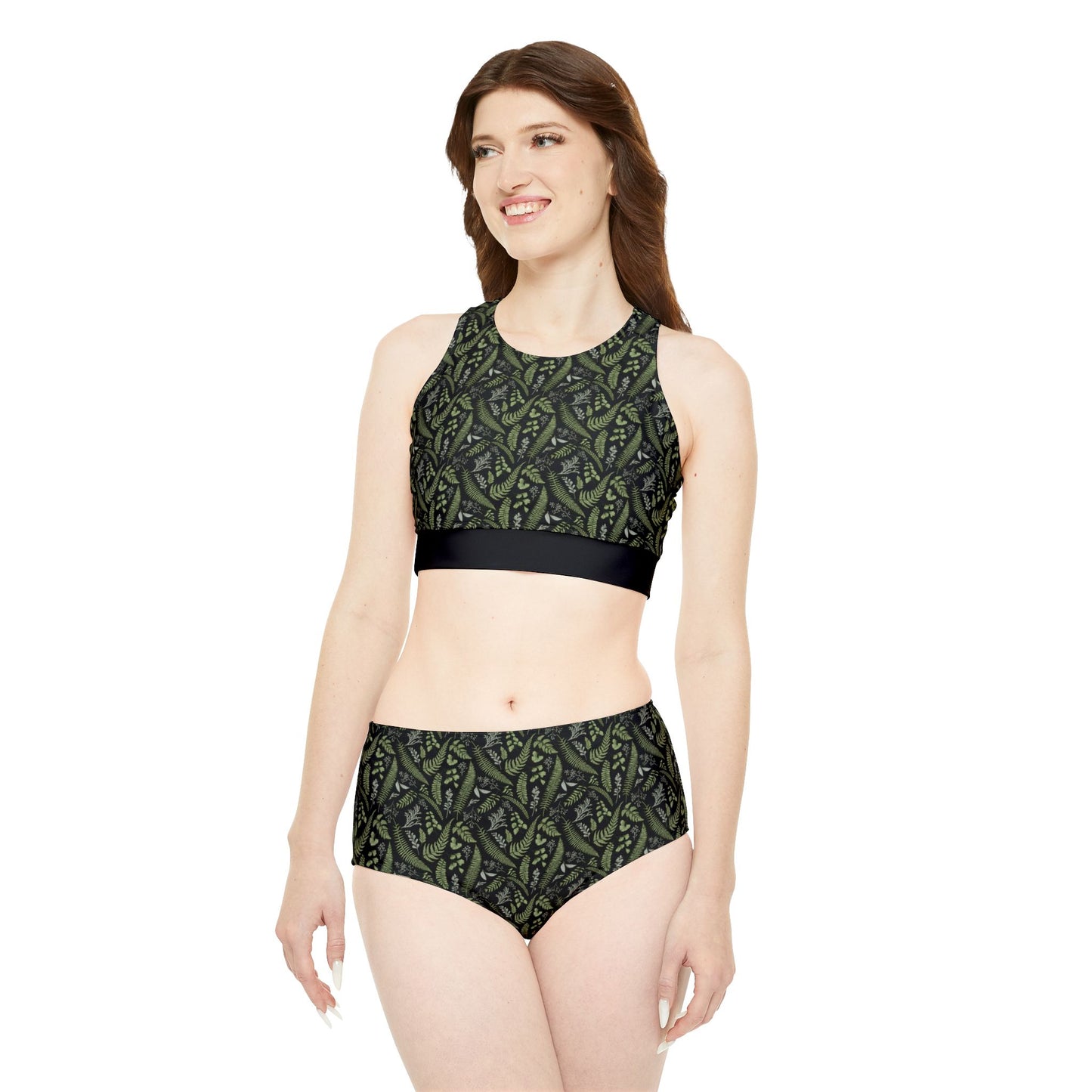 Leafy Botanical Black Sporty Bikini Set