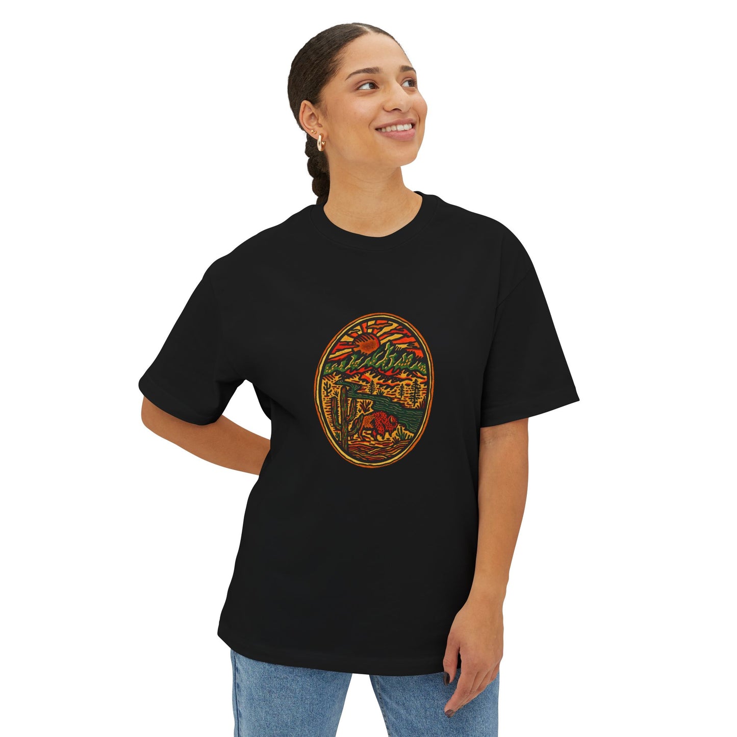 Retro Western Unisex Black Oversized T-Shirt