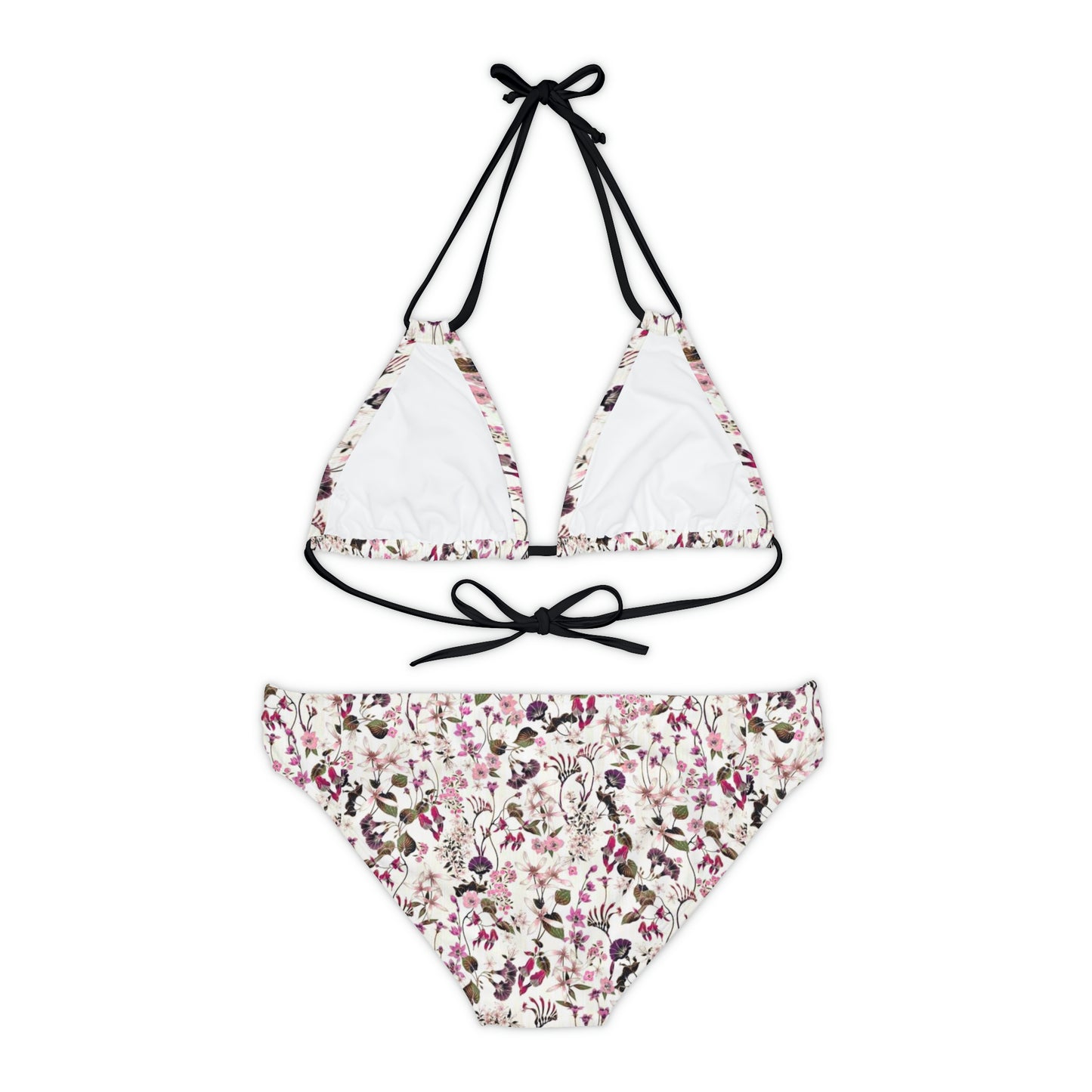 White Pink Vintage Floral Strappy Bikini Set