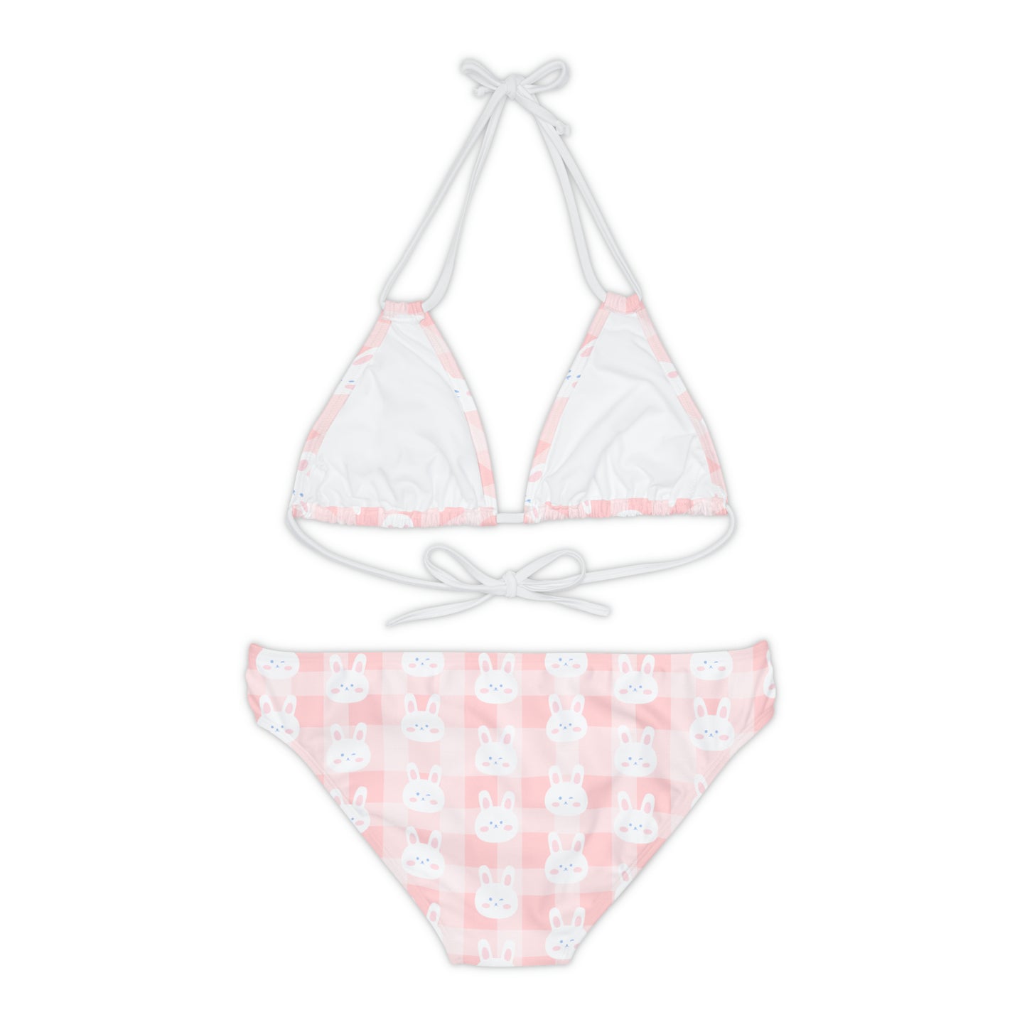 Kawaii Bunny Plaid Pastel Pink Strappy Bikini Set