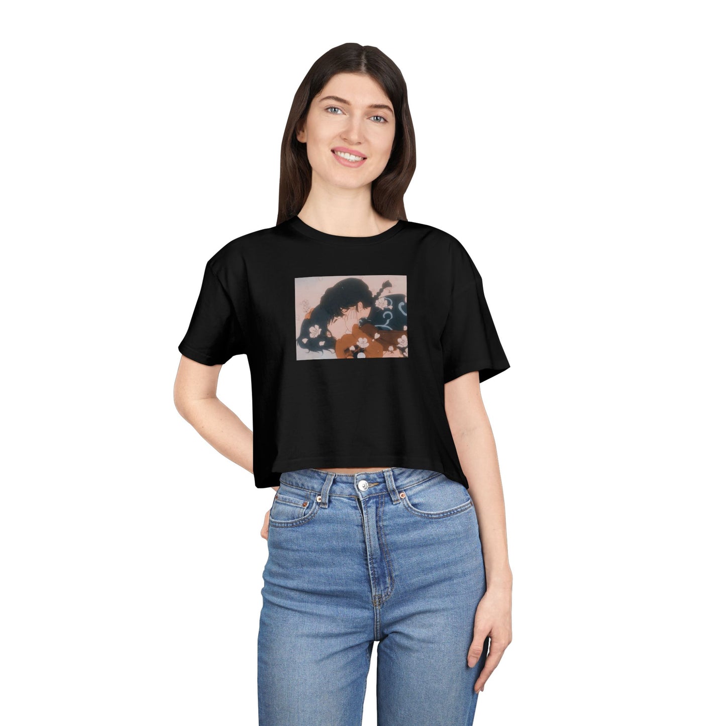 Retro Anime Kiss Women's Black Cropped Tee