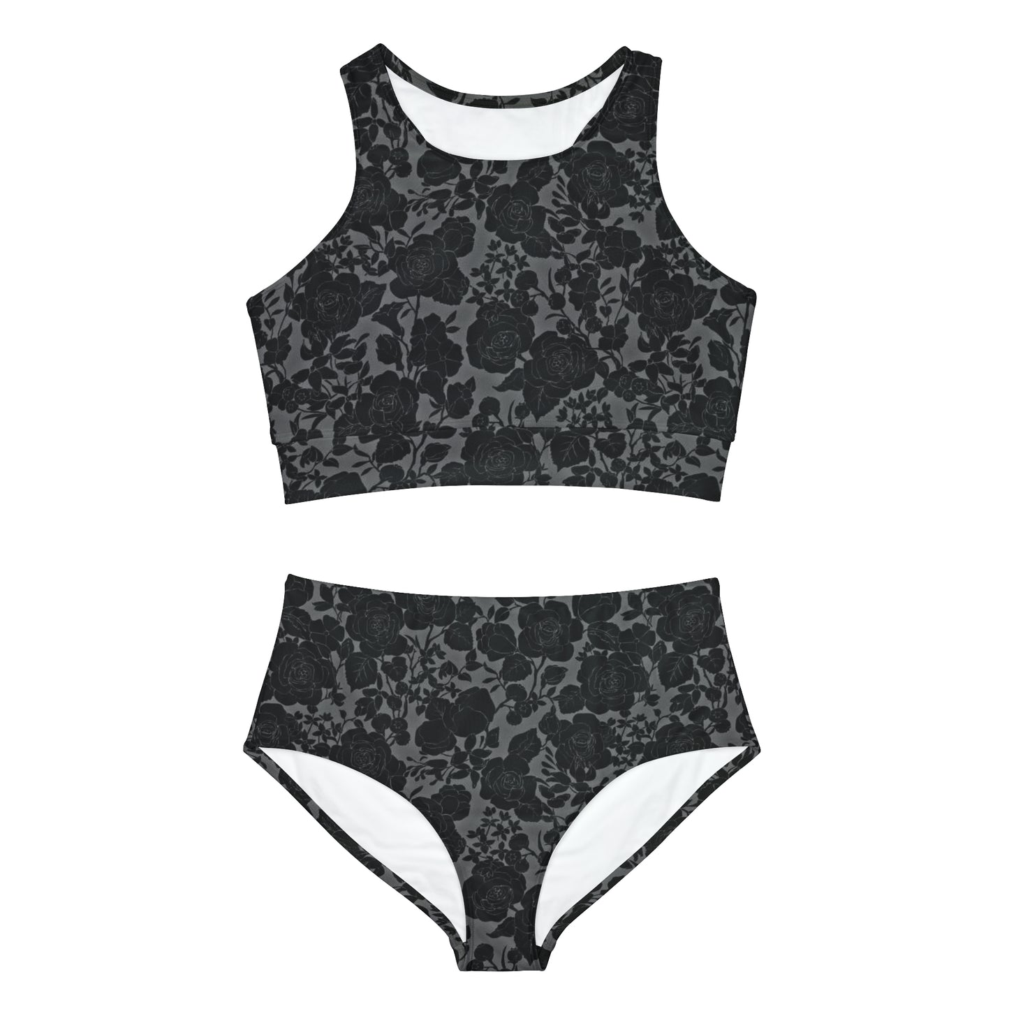 Dark Gray Floral Black Sporty Bikini Set