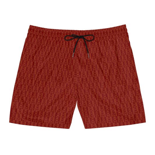 Red Orange Skulls Plaid Men's Mid-Length Swim Shorts