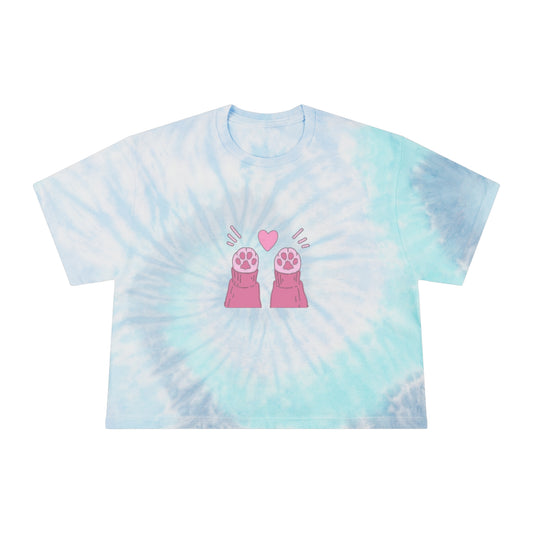 Kitty Paws Up Kawaii Pastel Blue Women's Tie-Dye Crop Tee