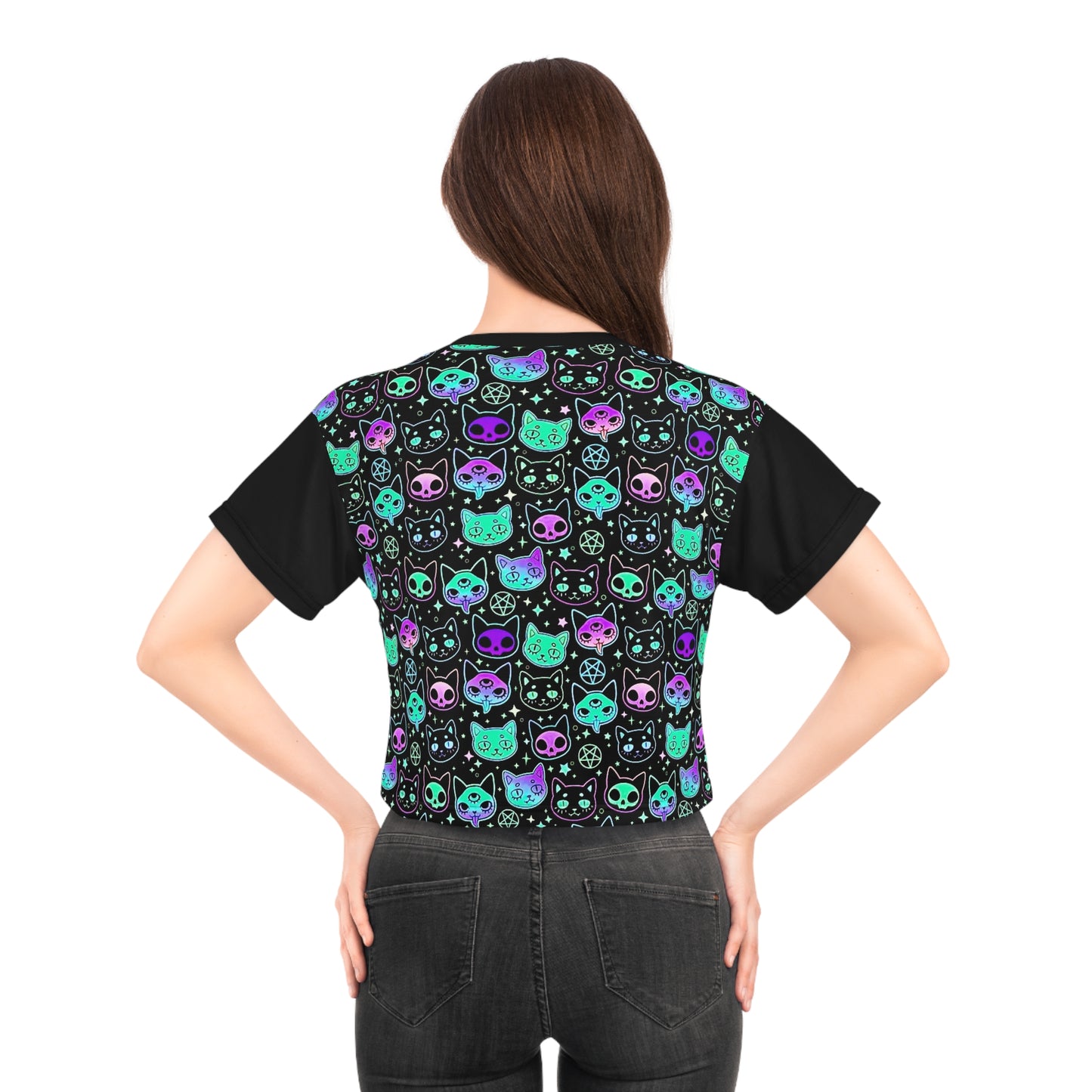 Neon Celestial Cat Pattern Women's Black Crop Tee