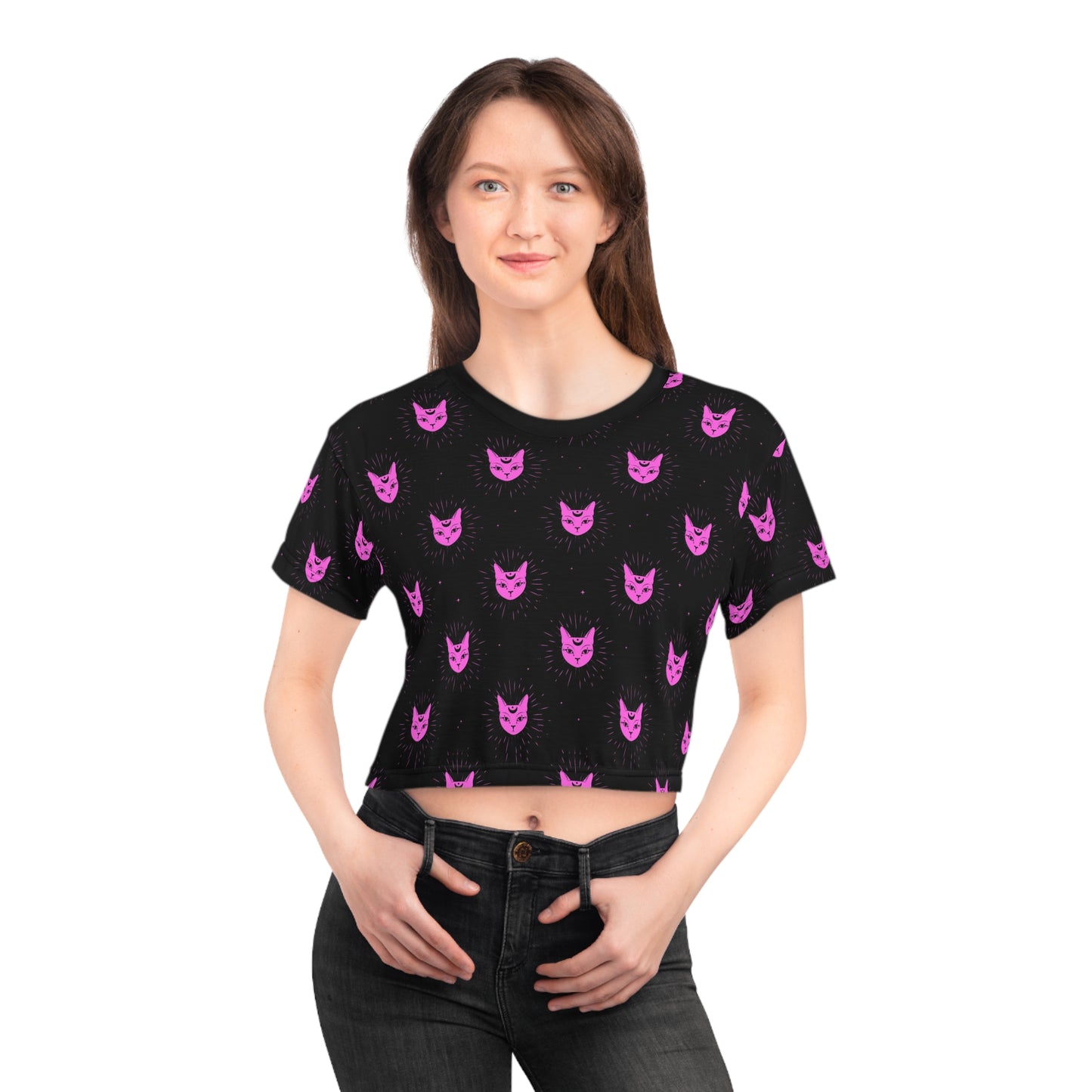 Cat Pink Celestial Vibes Y2K Goth Crop Tee