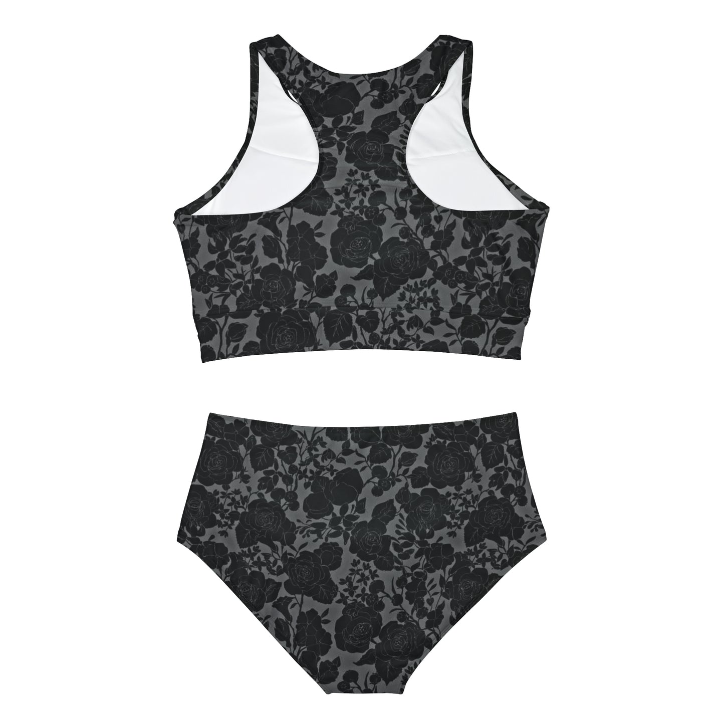 Dark Gray Floral Black Sporty Bikini Set