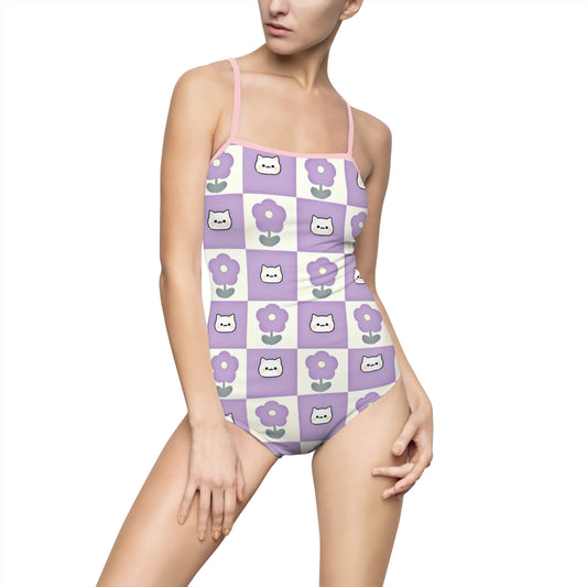 Pastel Lavender Checkered Kawaii One Piece Swimsuit