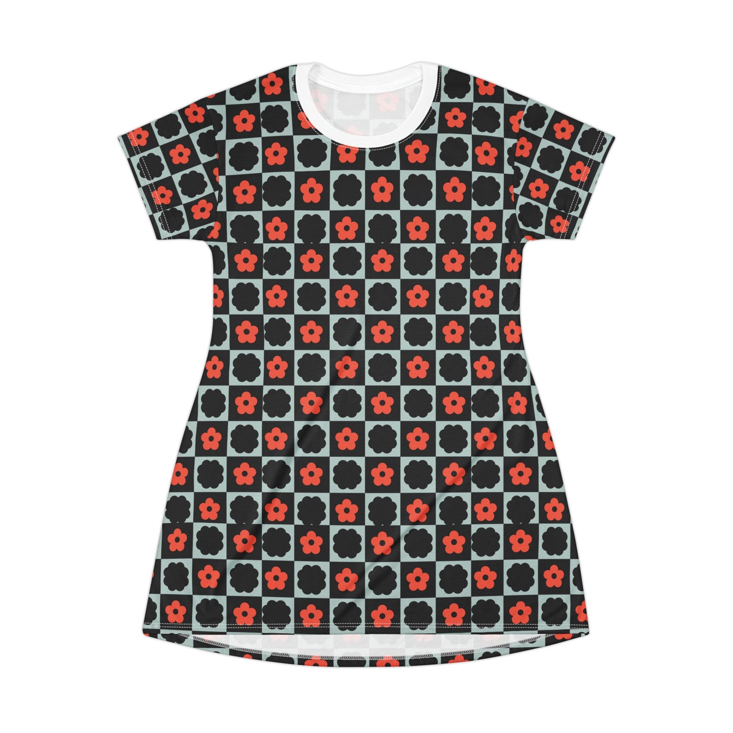 Teal Red Black Retro Plaid Y2K T-Shirt Dress