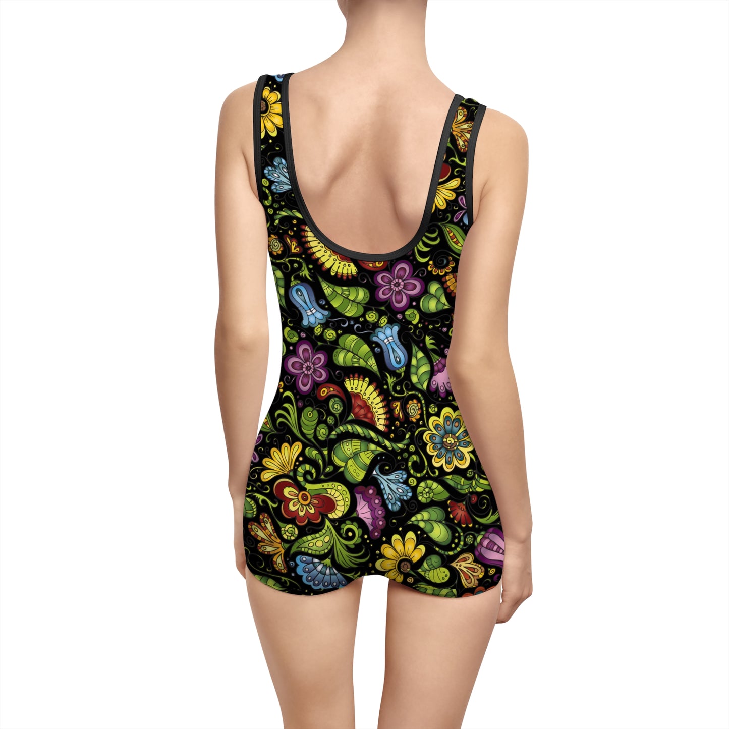 Black Abstract Color Retro Vintage Style One Piece Swimsuit