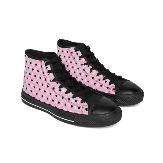 Cute Black Hearts Pastel Pink Women’s Lace-up Sneakers