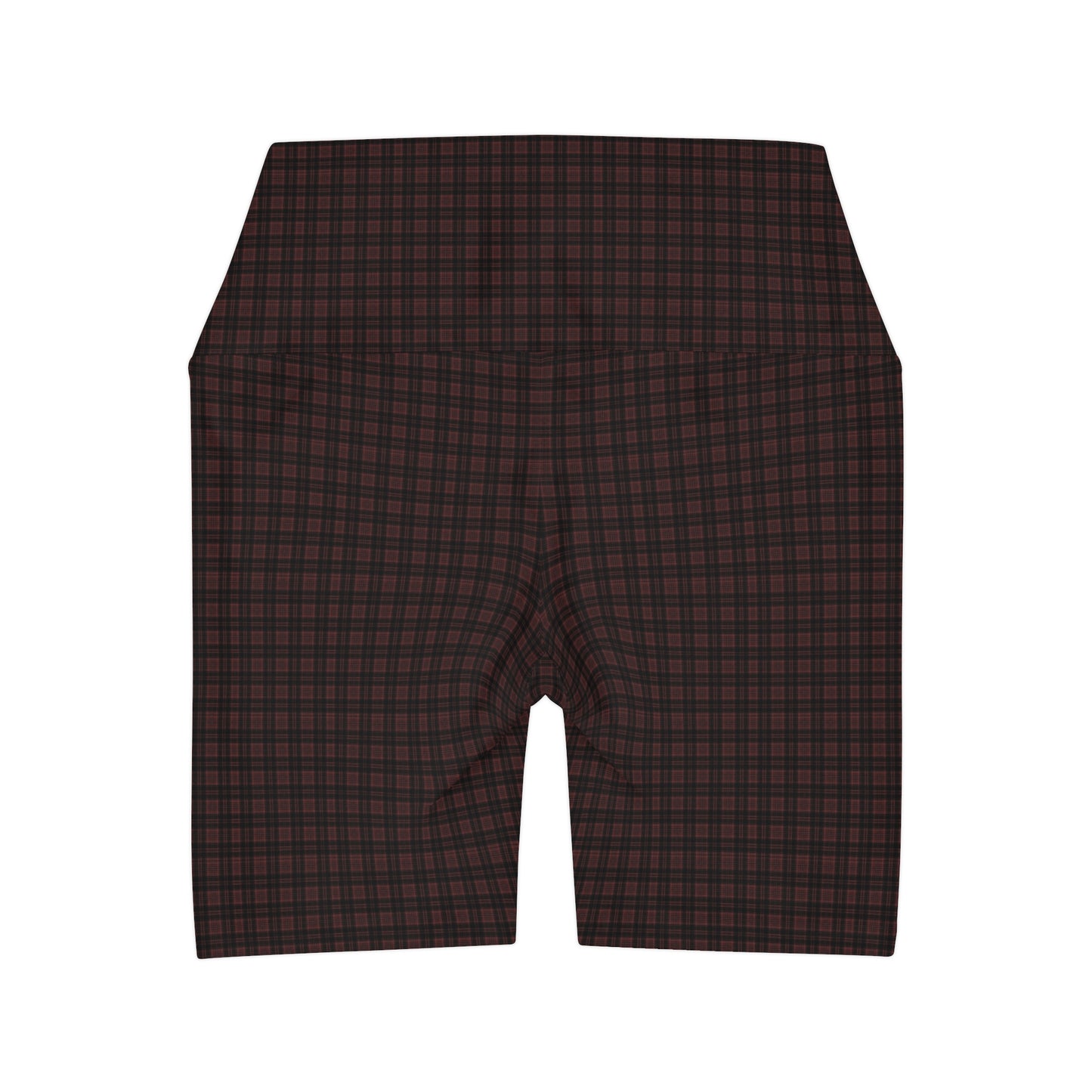 Dark  Burgundy Black Plaid High Waisted Yoga Biker Shorts