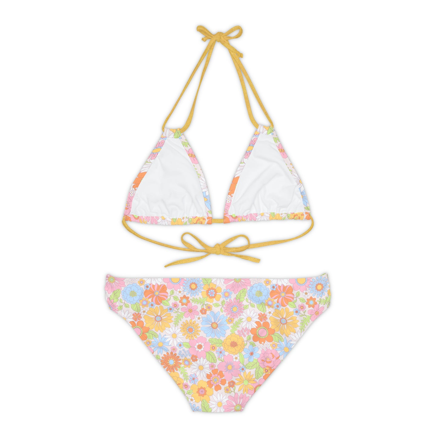 Hippie Pink Yellow Girly Flower Strappy Bikini Set